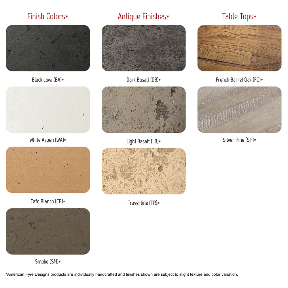 Square burner cover finish swatch sheet with dark, light, and wood-tone samples