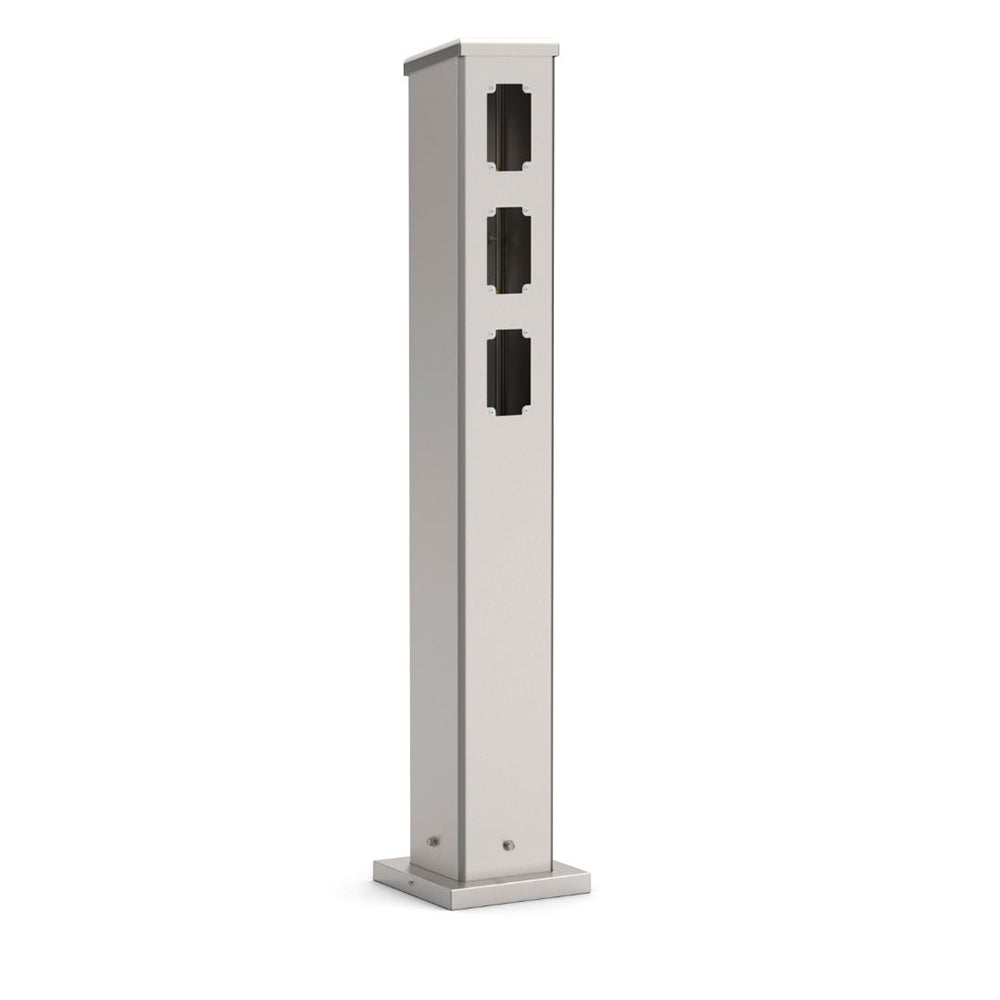 Commercial electric control post tower with three mounted black control panels