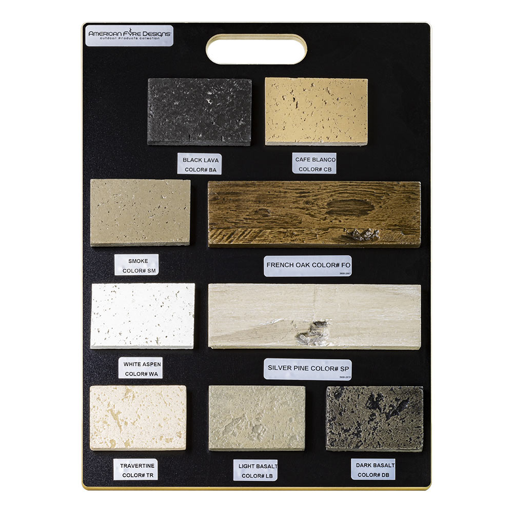 Color sample board with nine labeled finish swatches: black lava, cafe blanco, french oak, smoke