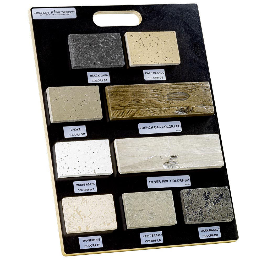 Color sample board with labeled swatches: black lava, cafe blanco, smoke, white aspen, silver pine