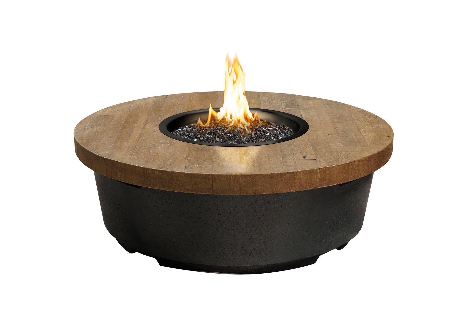 Round fire table with reclaimed wood top, black base, and central flame burner