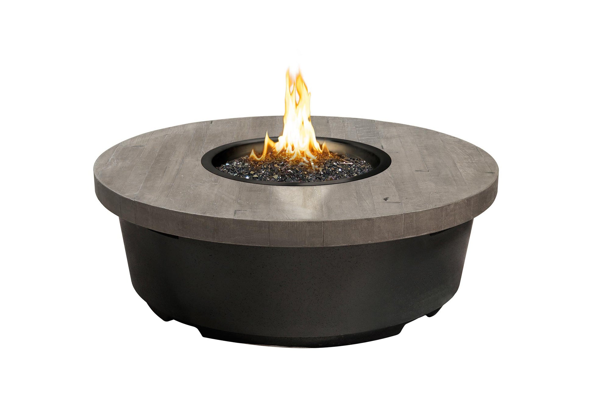 Round fire table with wood top, black base, and central flame burner