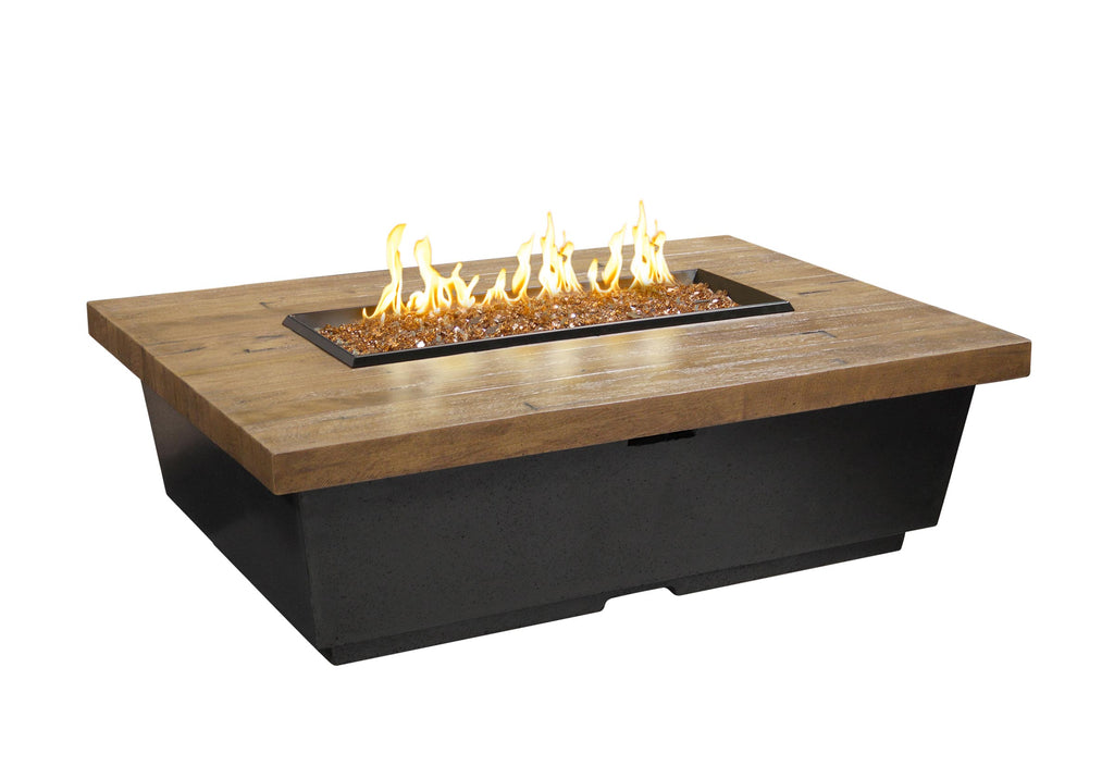 Square reclaimed wood chat fire table with black base, open fire bowl, and flames