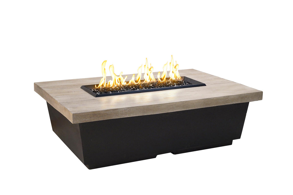 Rectangular reclaimed wood chat fire table with black base and lit fire insert