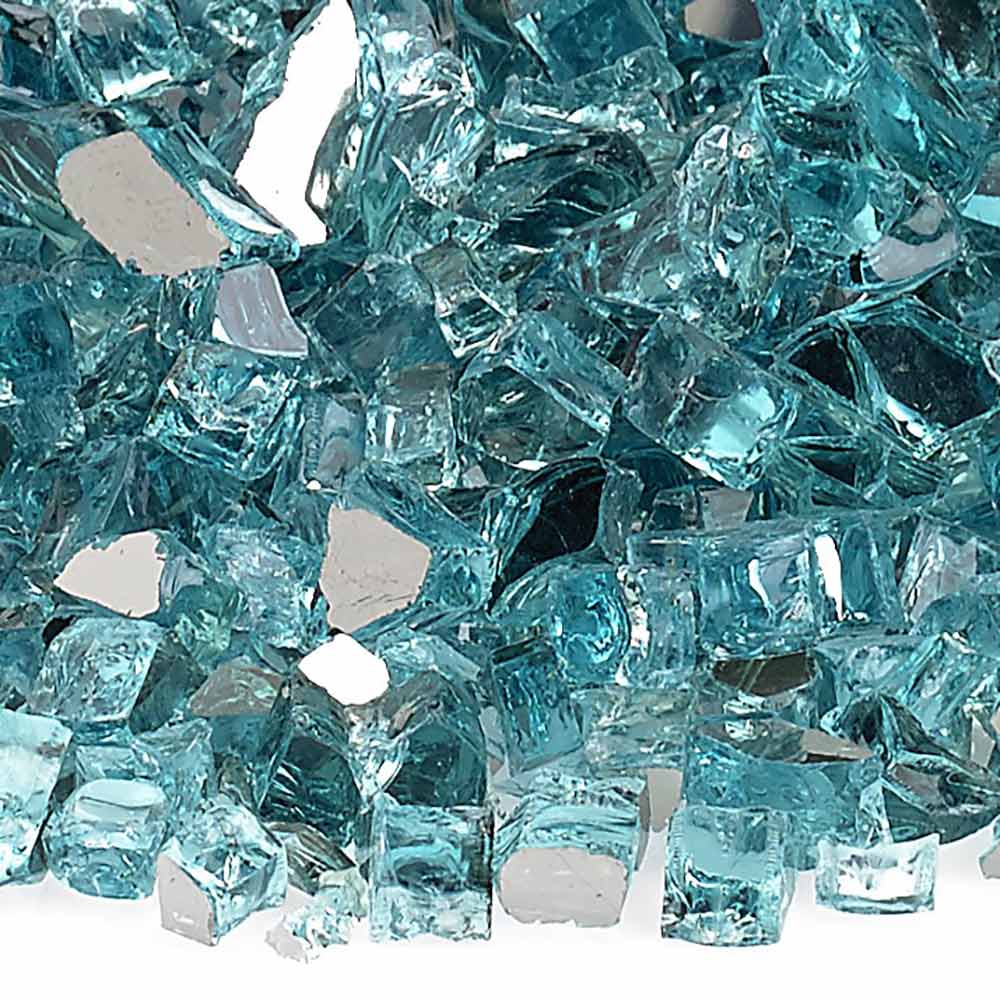 Close-up teal-blue reflective fire glass fragments
