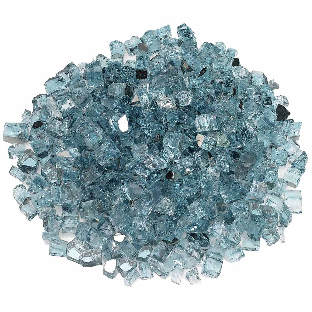 Blue reflective fire glass chunks, 1/2-inch size, for fire pits and fireplaces