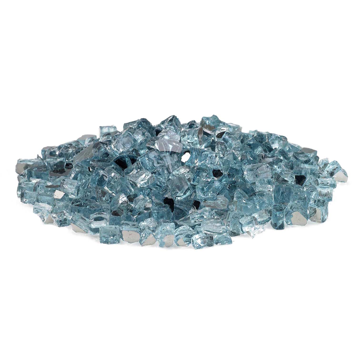Blue crushed fire glass stones, reflective 1/2-inch pieces