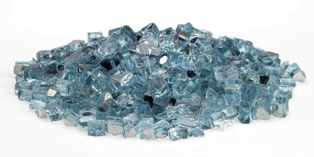 Blue reflective fire glass pieces piled together, irregular chunks, 1/2-inch size