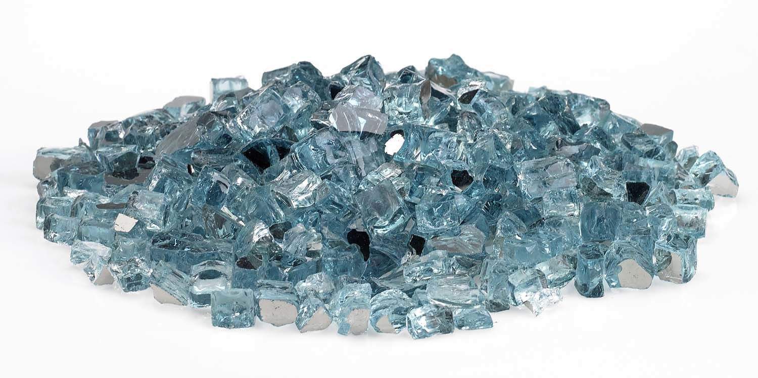 Blue reflective fire glass pieces piled together, irregular chunks, 1/2-inch size