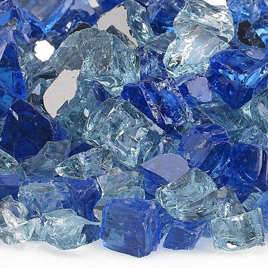 Reflective fire glass stones in dark blue, light blue, and clear pieces