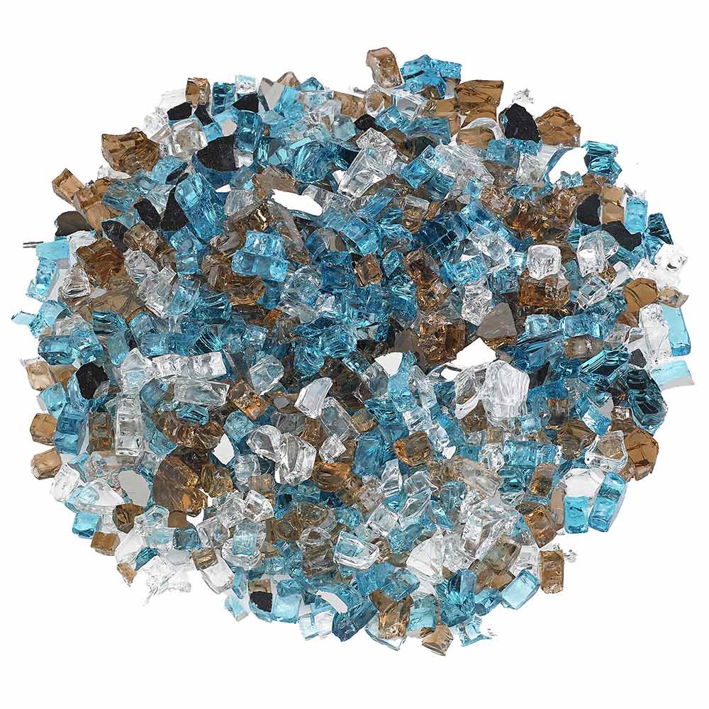 Blue, clear and dark brown reflective glass fire pit gems, assorted chunky pieces