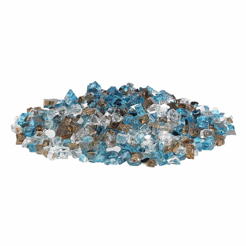 Assorted reflective fire pit glass chunks in blue, clear, and dark brown, spread out