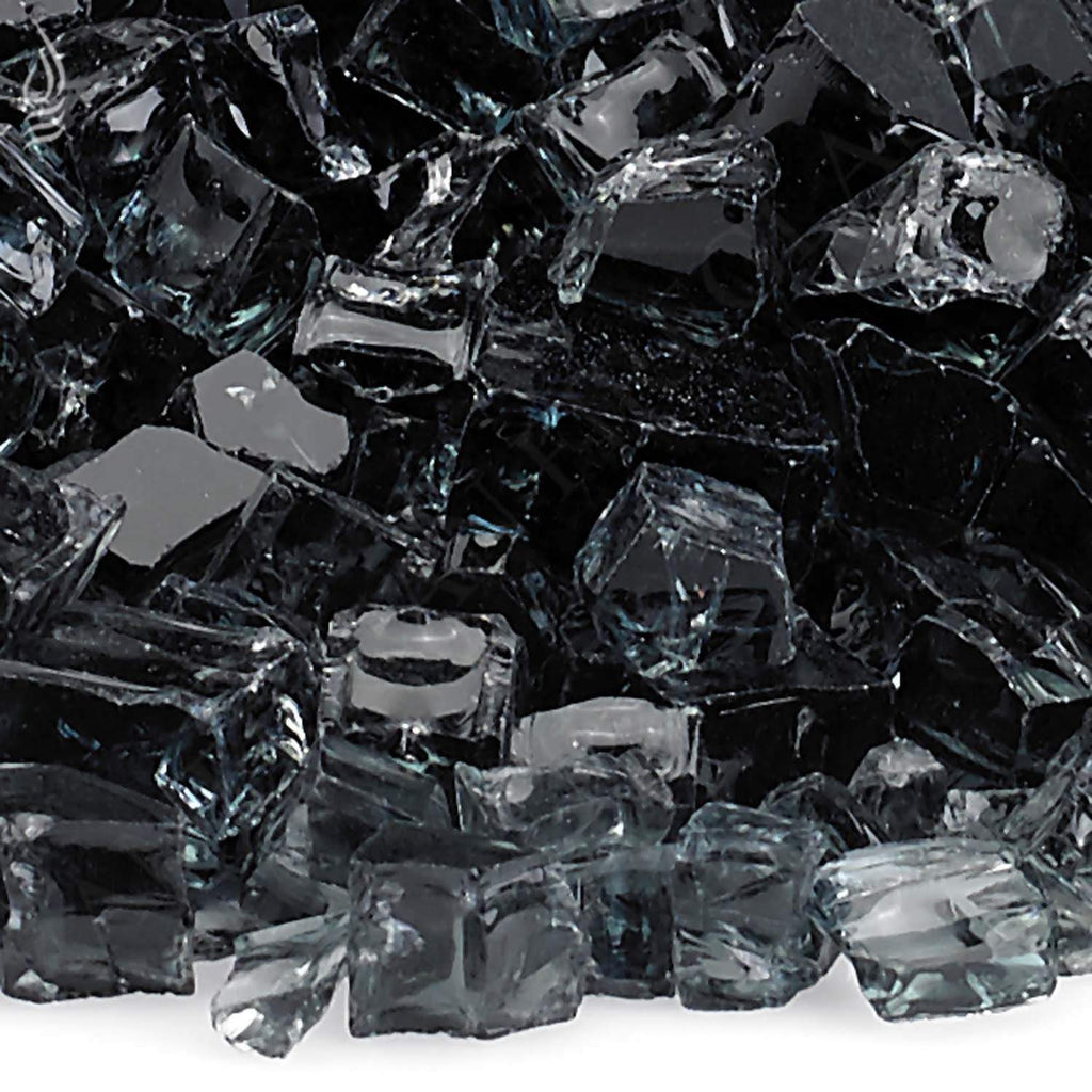 Close-up of black fire glass shards and chips