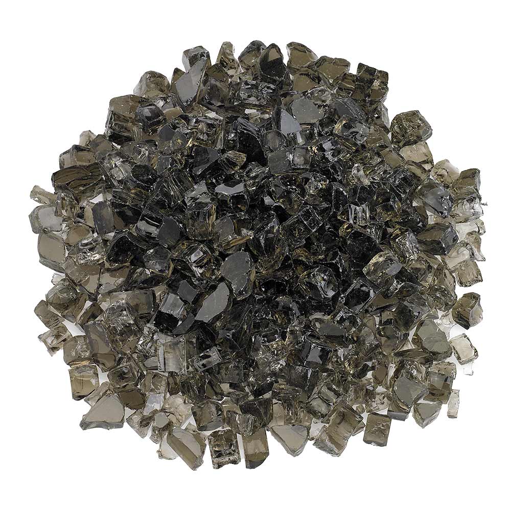 Fire glass stones, dark smoky cubes with reflective facets in a loose pile
