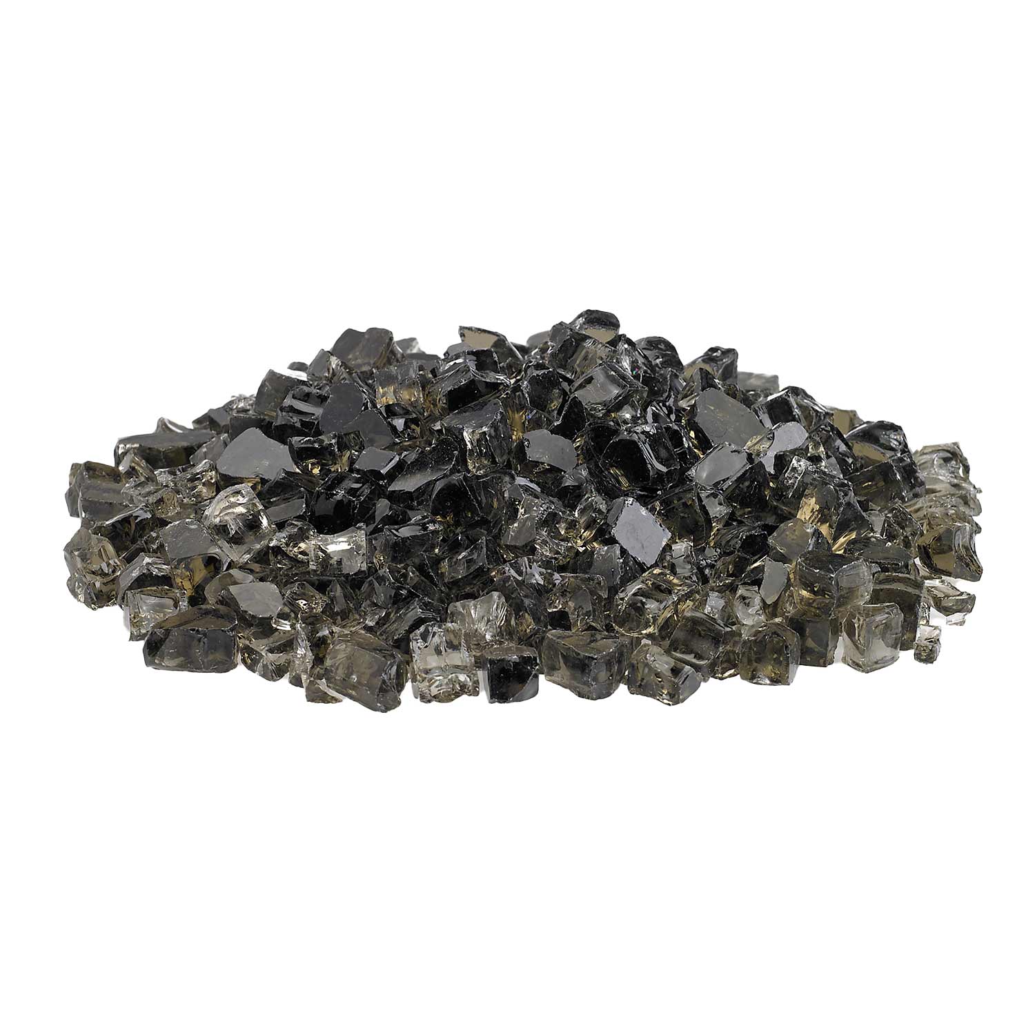 Fire glass stones, mixed dark and clear cube pieces arranged in a shallow mound