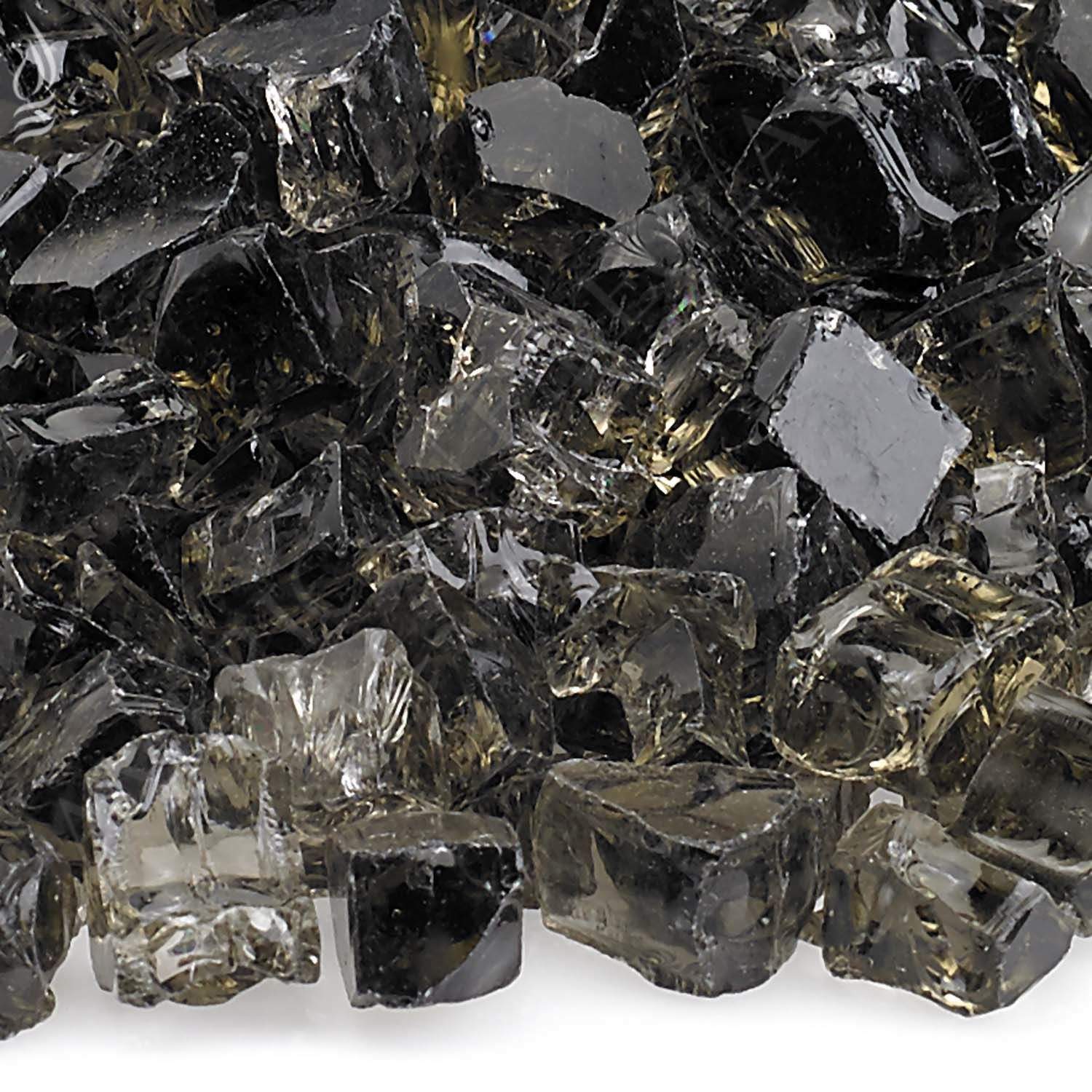 Fire glass close-up of dark and clear faceted cube fragments with sparkle