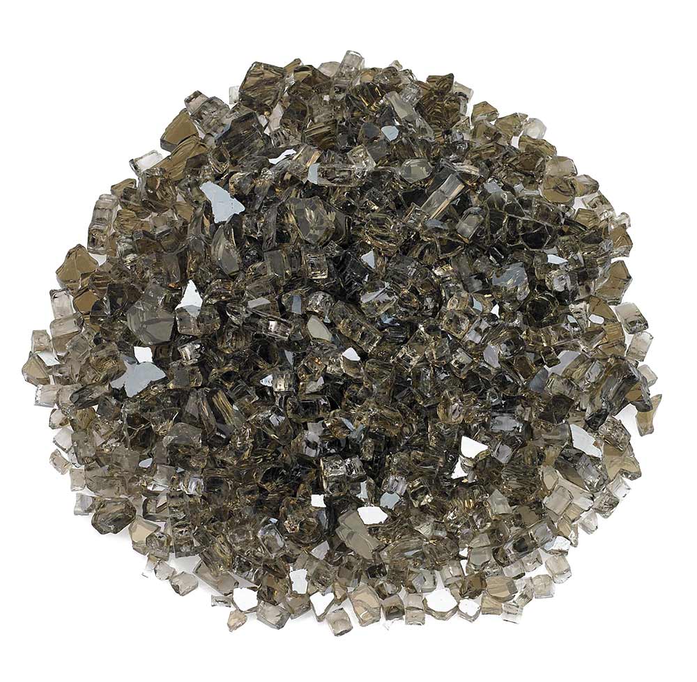 Reflective fire glass chunks, small square pieces in a heap.
