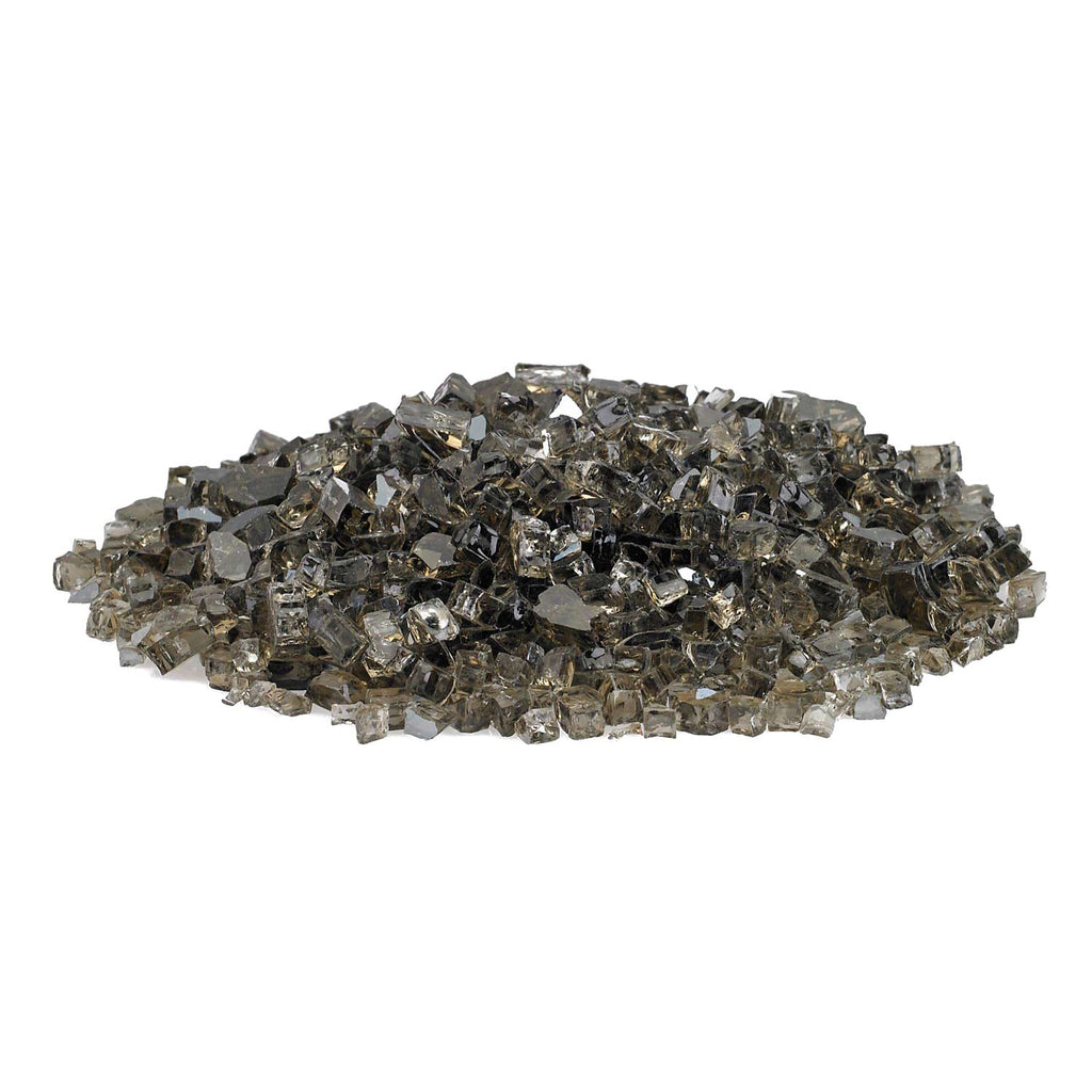 Reflective fire glass chunks, small square pieces in an even row.
