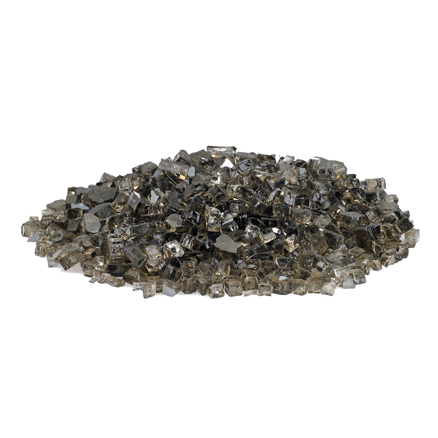 Reflective fire glass chunks, small square pieces in an even row.