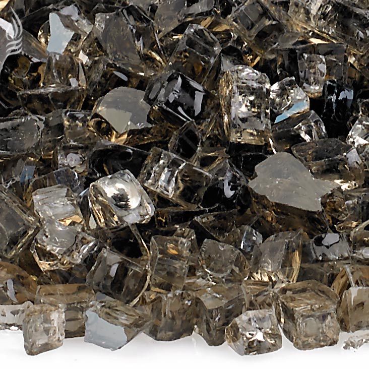 Reflective fire glass chunks, dark metallic and clear tones, small squared pieces.