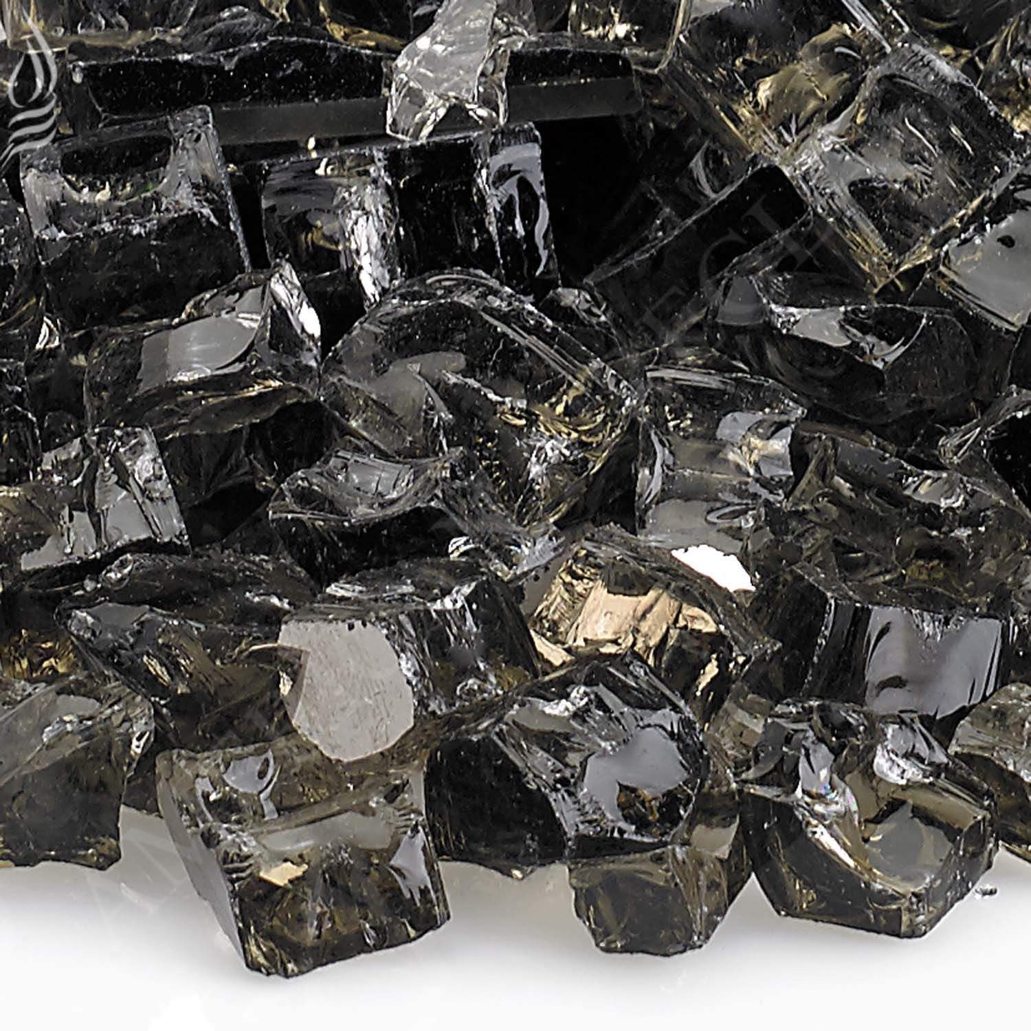 Close-up of bronze reflective fire glass pieces in dark black with silver highlights