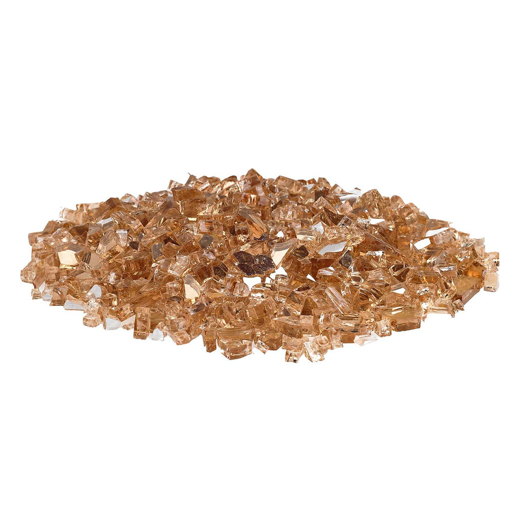 Champagne fire glass chunks with reflective facets, 1/4-inch cube pieces in a pile