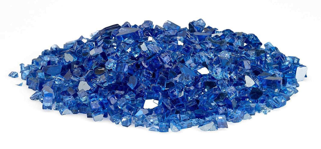 Cobalt blue reflective fire glass, spread of small clear-blue pieces