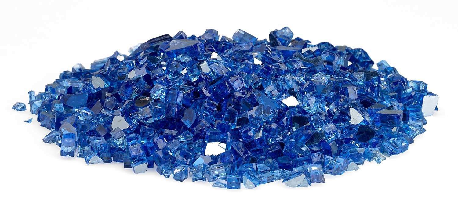 Cobalt blue reflective fire glass, spread of small clear-blue pieces