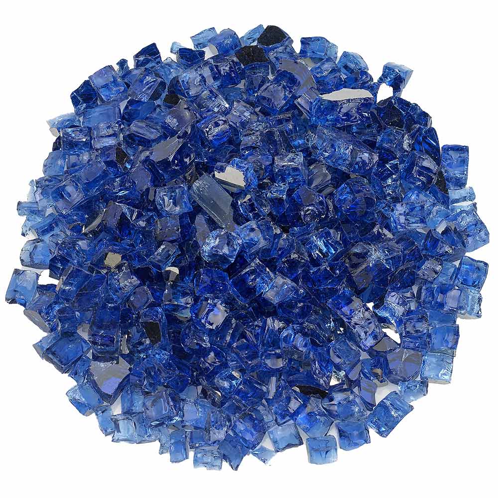 Cobalt blue reflective fire glass, irregular crushed glass pieces in a pile