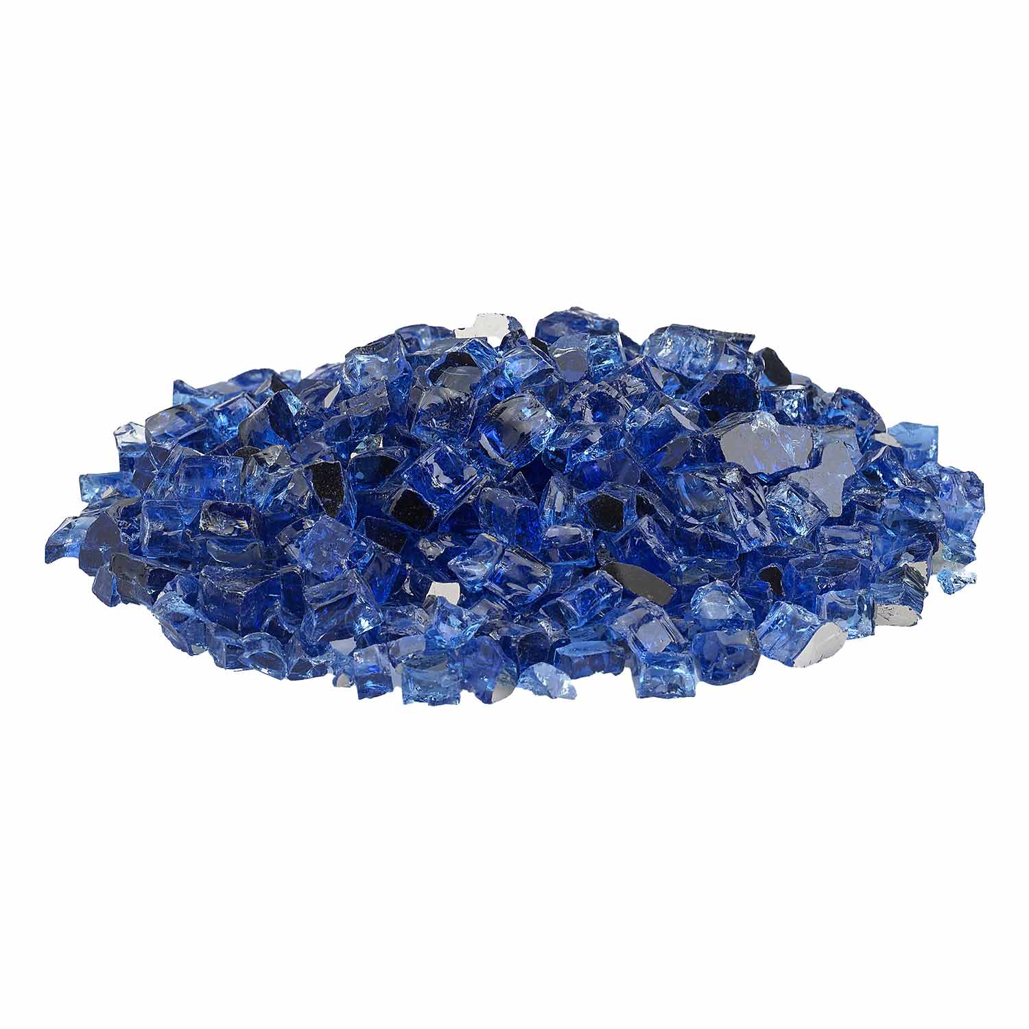 Cobalt blue reflective fire glass, scattered crushed glass chunks