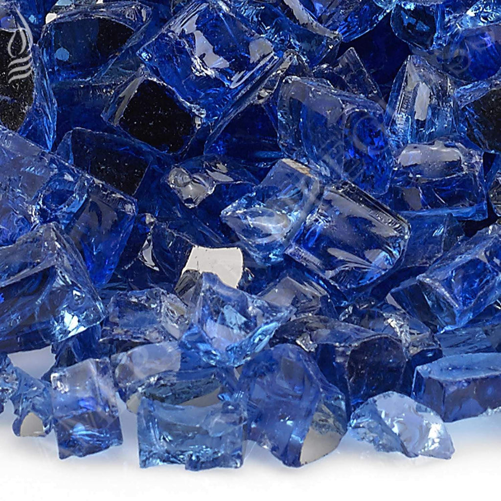 Cobalt blue reflective fire glass shards with glossy facets, close-up