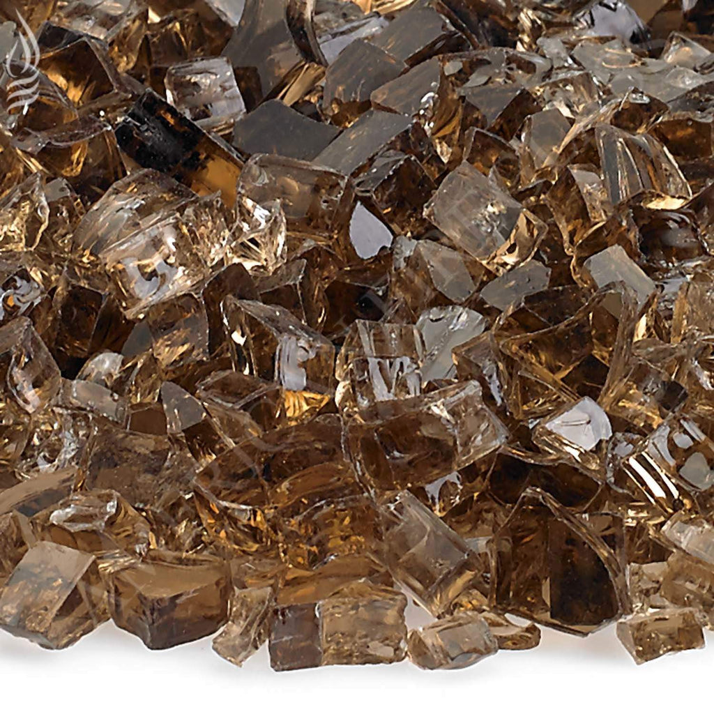 Close-up of copper fire glass shards with reflective facets
