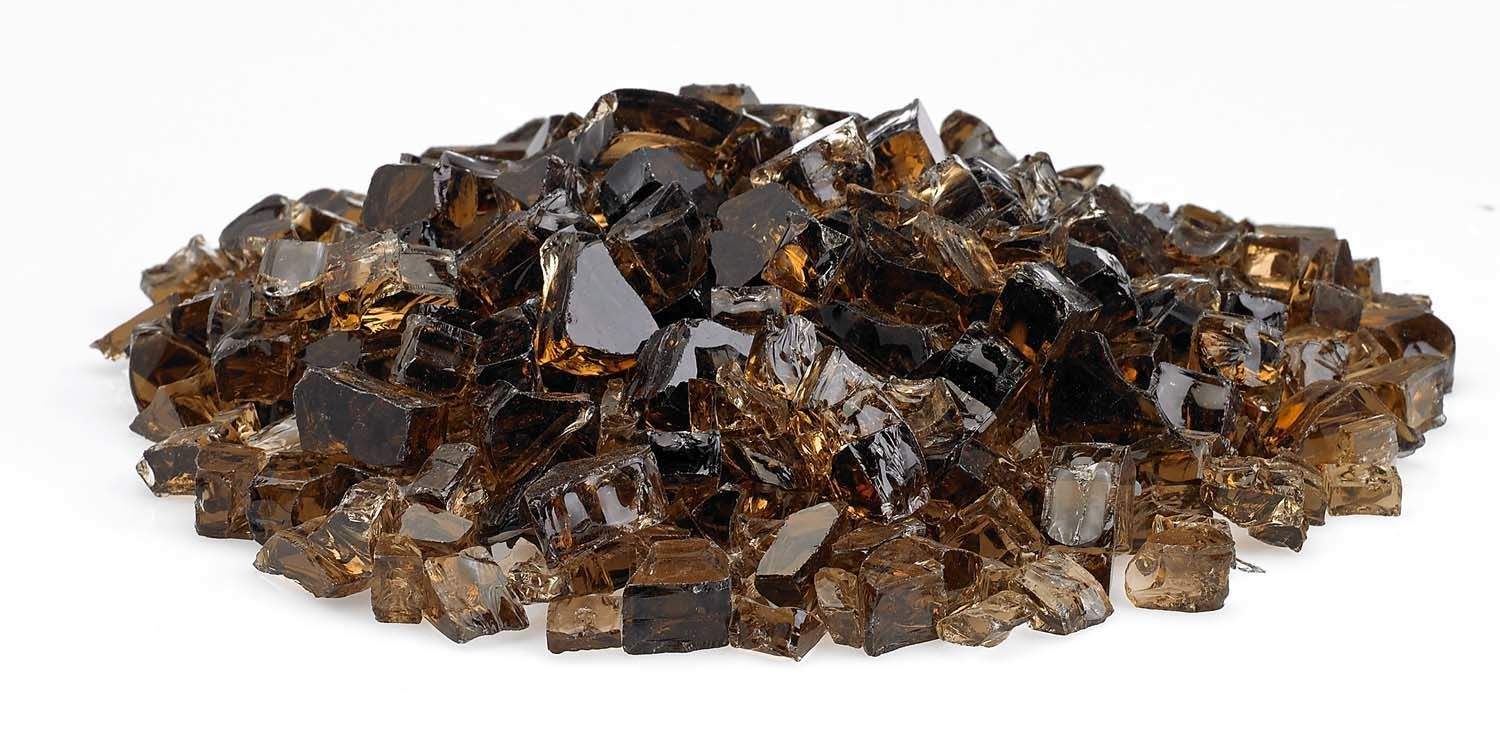 Assorted dark and copper fire glass chunks with angular reflective faces