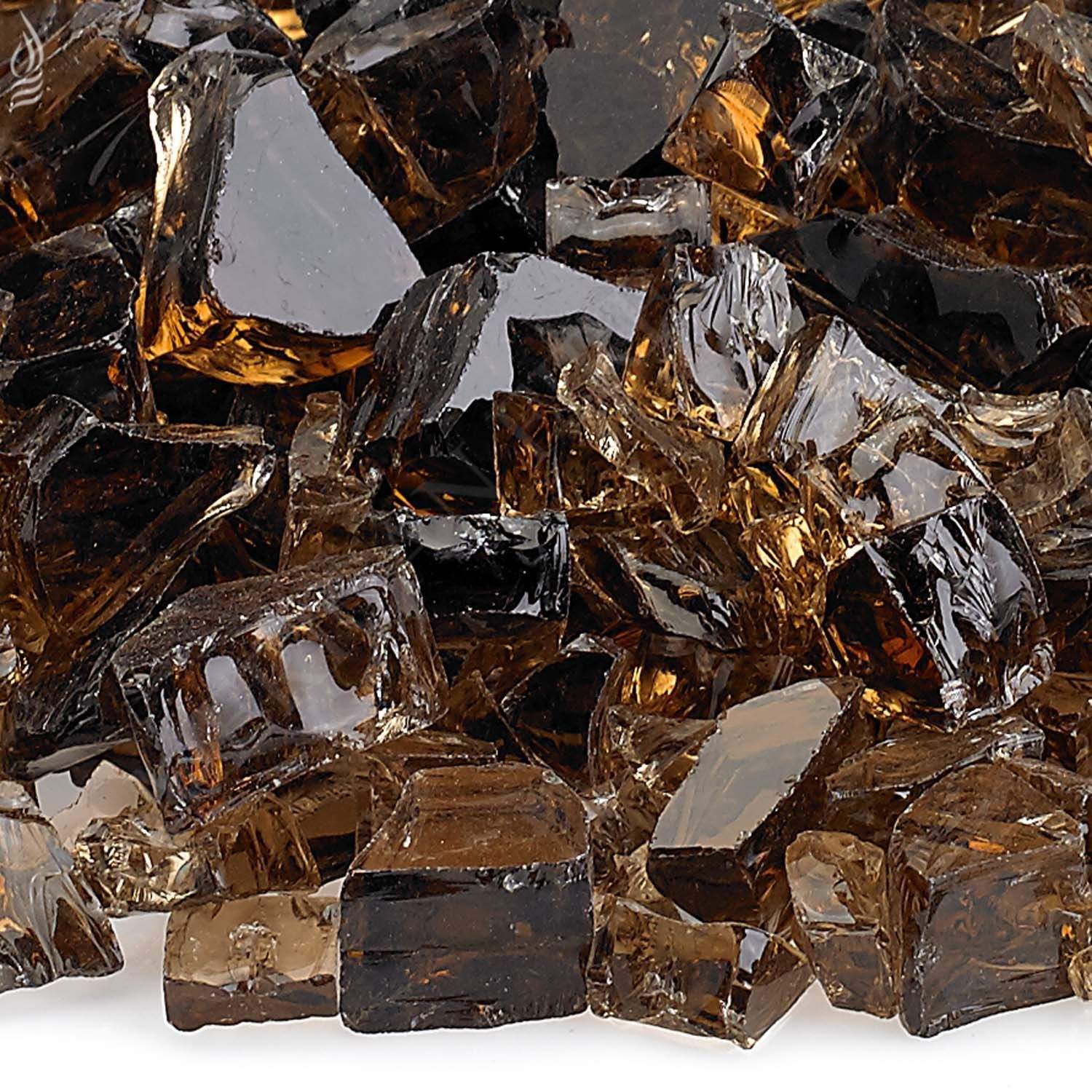 Close-up of mixed dark, amber, and reflective copper fire glass shards