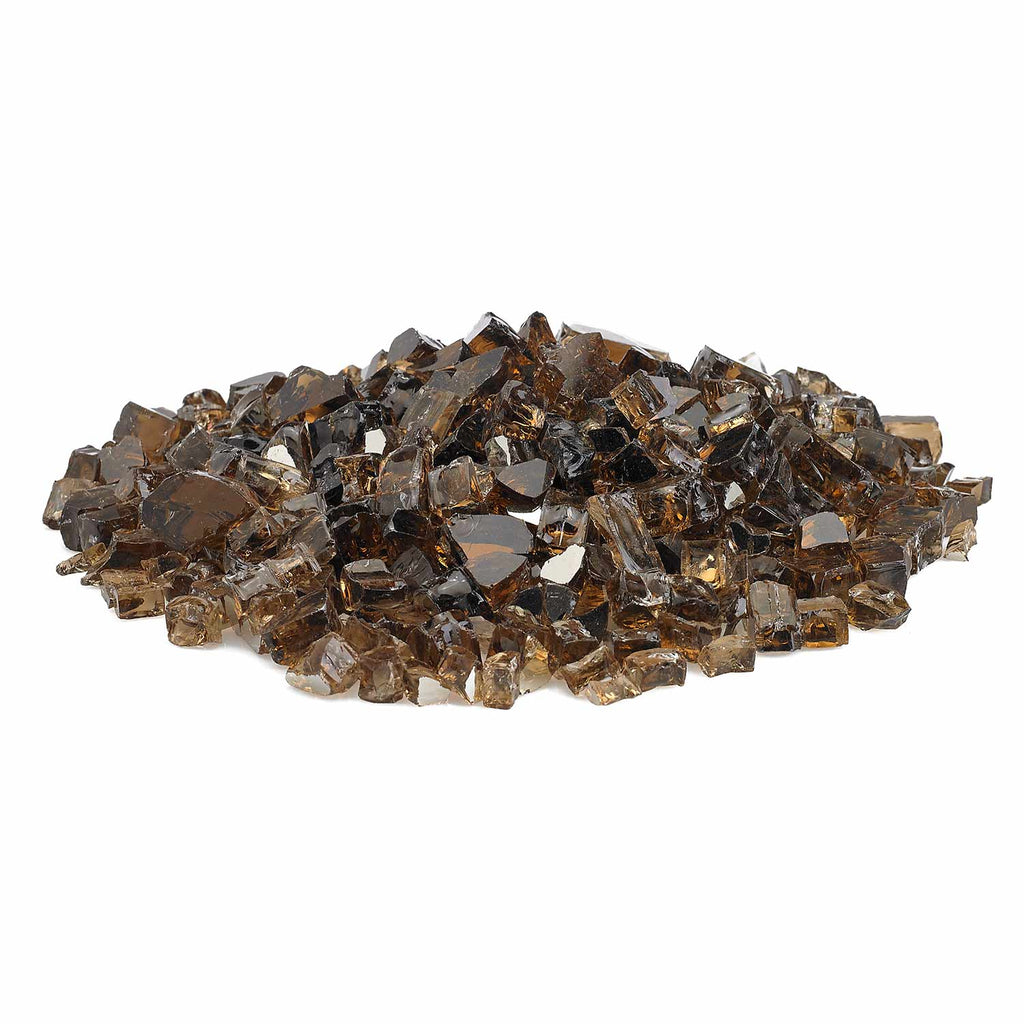 Copper reflective fire glass stones, dark brown with amber highlights, loose pile