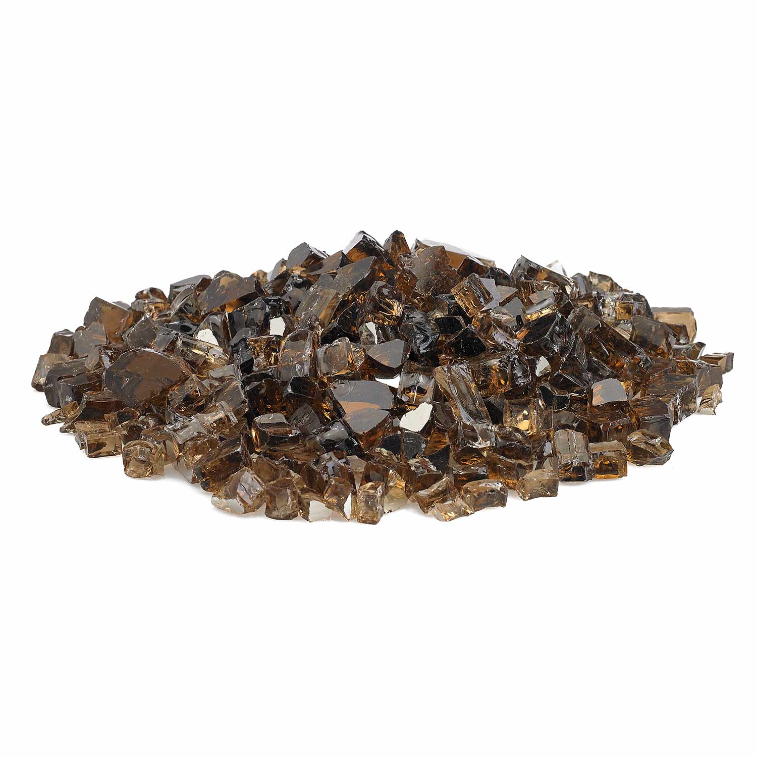 Copper reflective fire glass stones, dark brown with amber highlights, loose pile