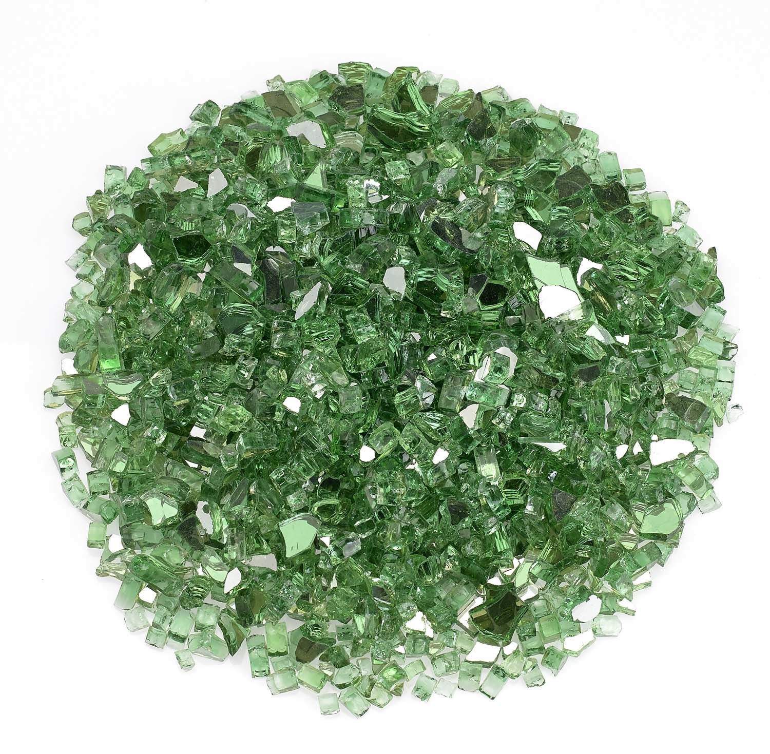 Evergreen reflective fire glass shards, green glass pieces in a pile