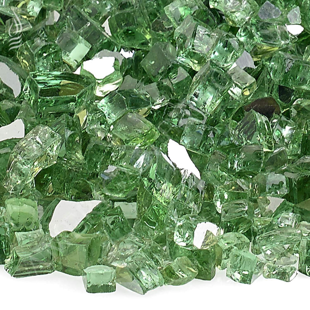 Green reflective fire glass shards, assorted cut glass pieces close-up