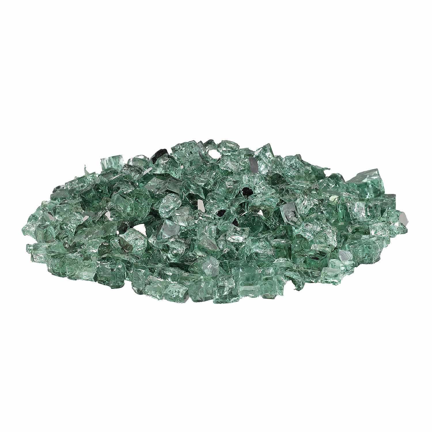 Green reflective fire glass pieces, flat-sided chunks scattered in a row
