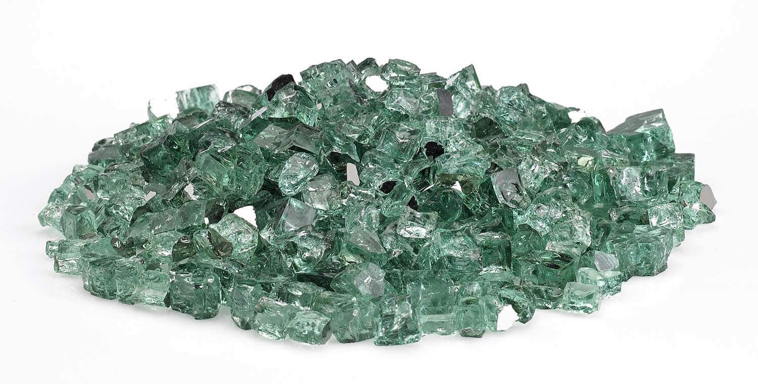 Dark evergreen reflective fire glass shards, green glass pieces