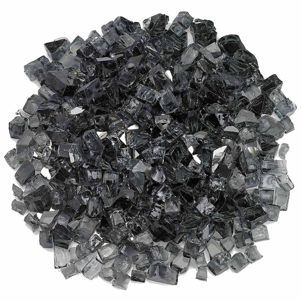 Grey reflective fire glass chunks in a piled heap.