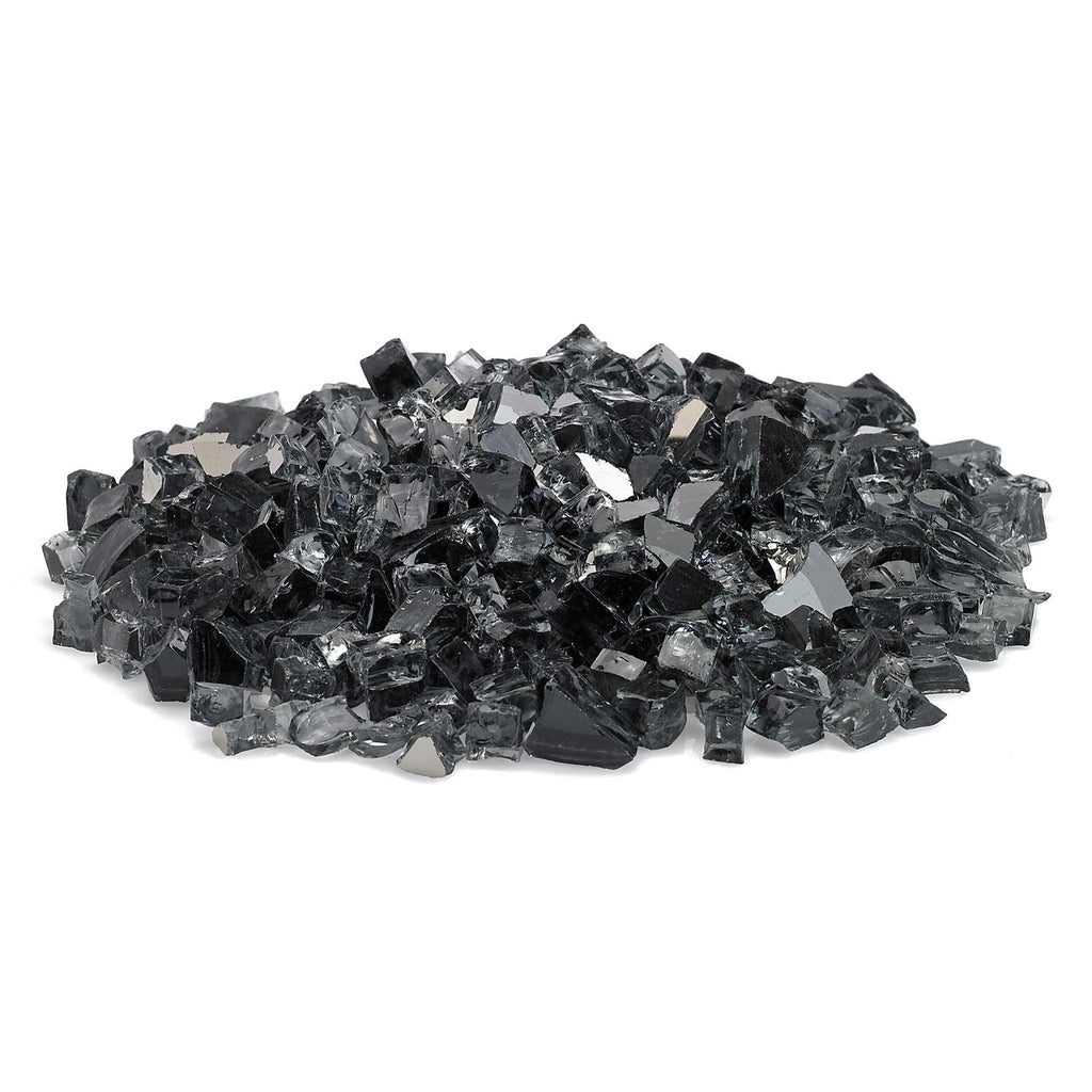 Grey reflective fire glass chunks spread in a shallow layer.