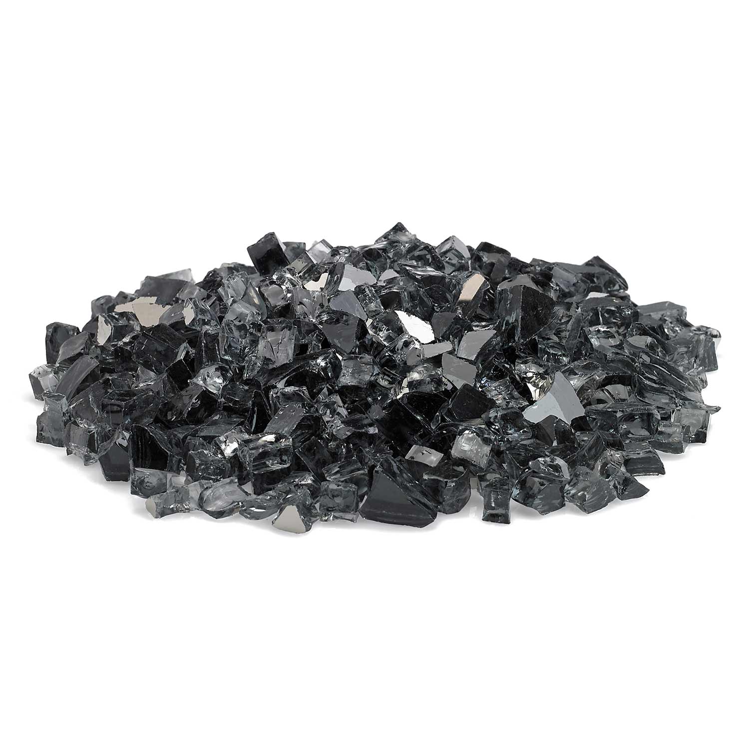 Grey reflective fire glass chunks spread in a shallow layer.