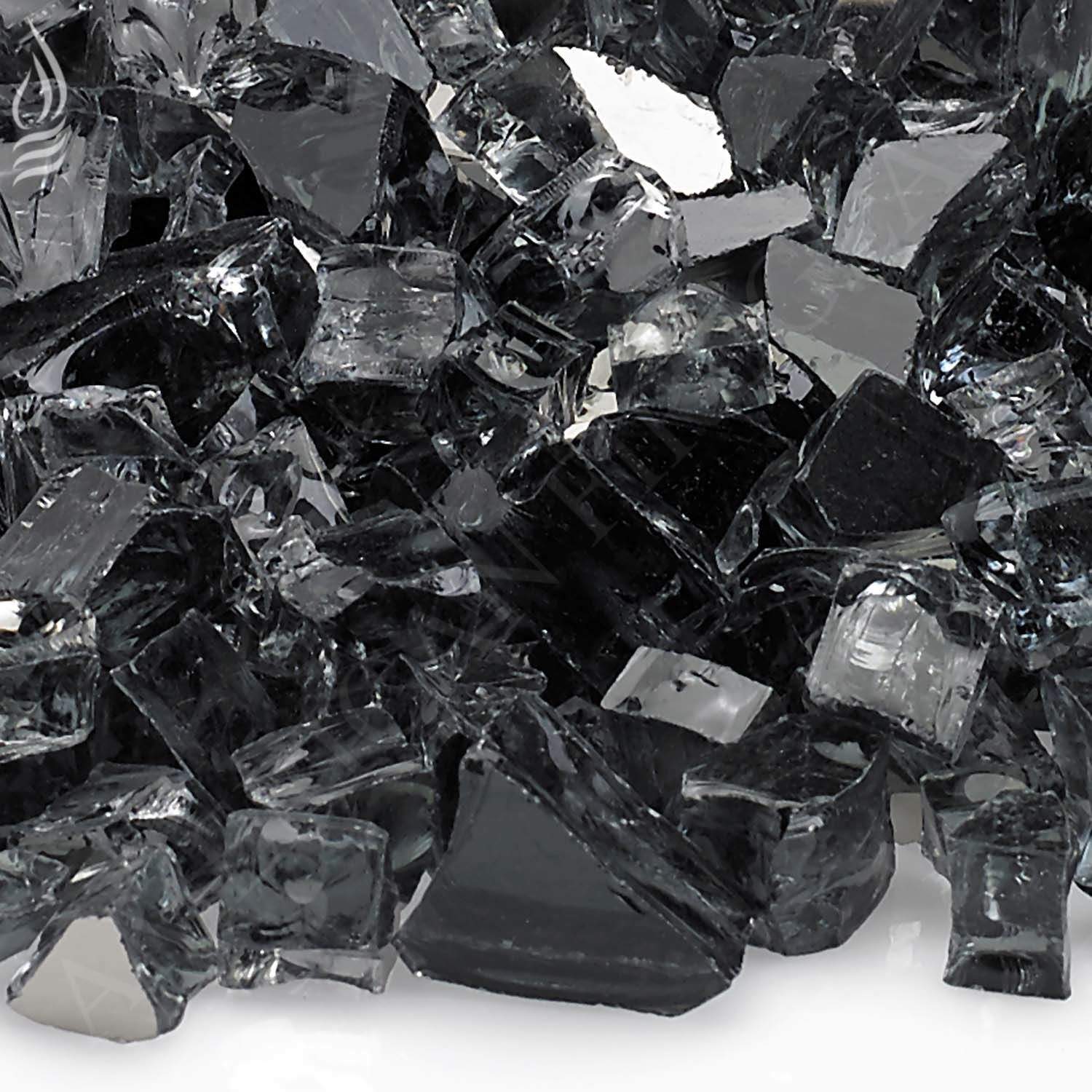 Grey reflective fire glass shards with glossy facets, close-up.