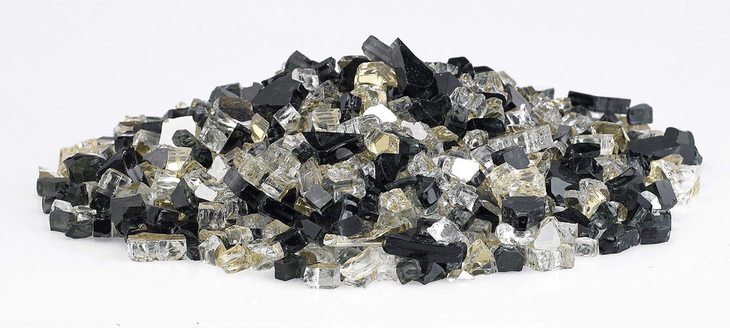 Reflective fire glass stones, scattered pile of black and clear with some gold