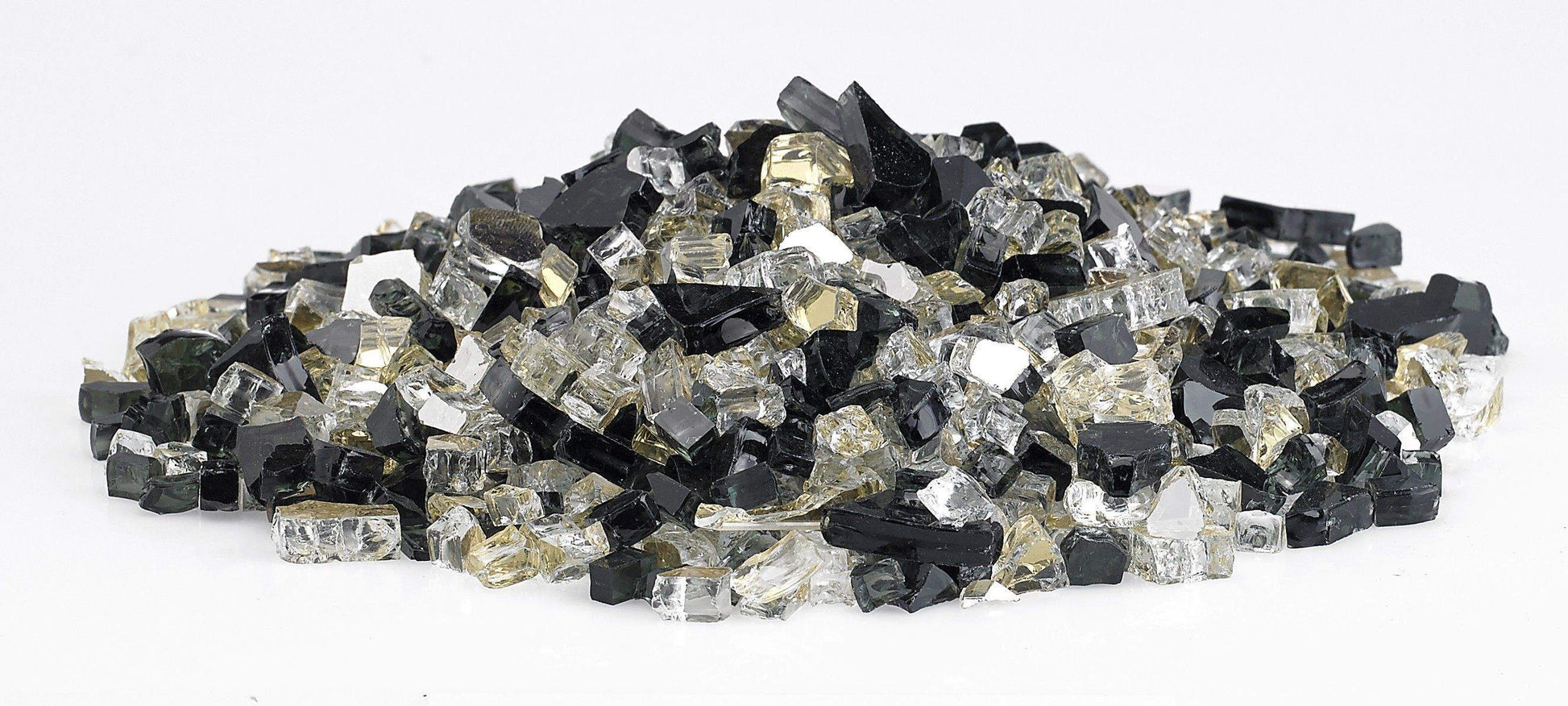 Reflective fire glass stones, scattered pile of black and clear with some gold