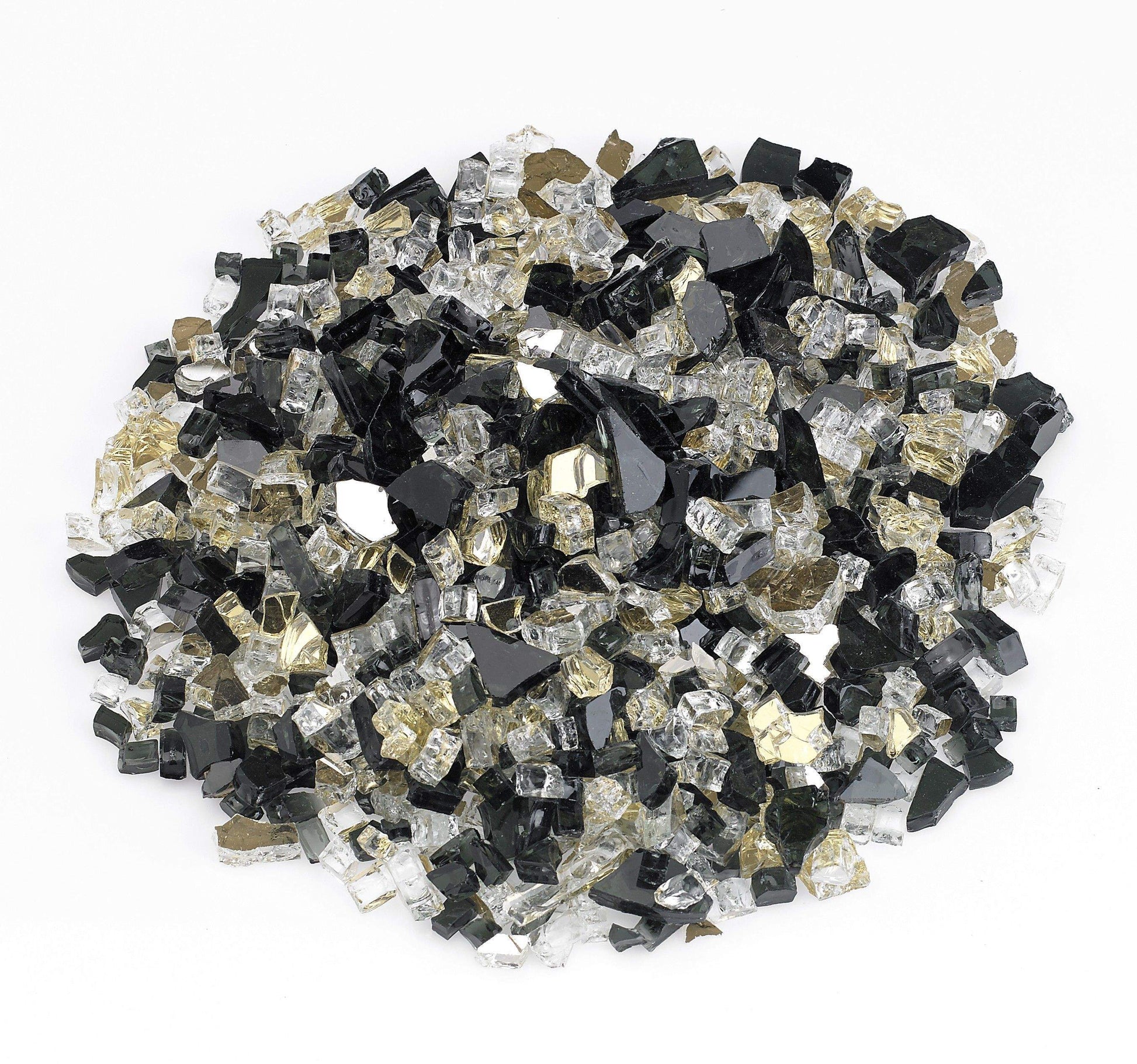Reflective fire glass stones in black, clear, and gold tones, mixed 1/2-inch pieces