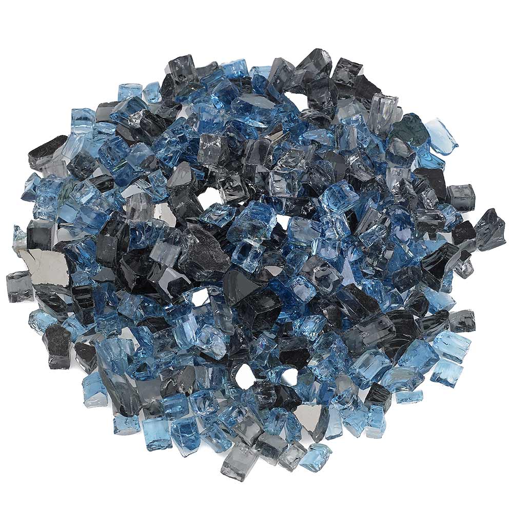 Reflective fire glass chunks in blue and dark tones, mixed sizes