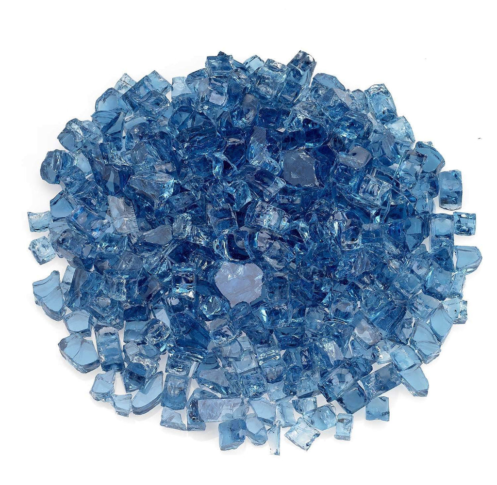 Pacific blue glass fire media, clear blue chunky shards in a loose pile