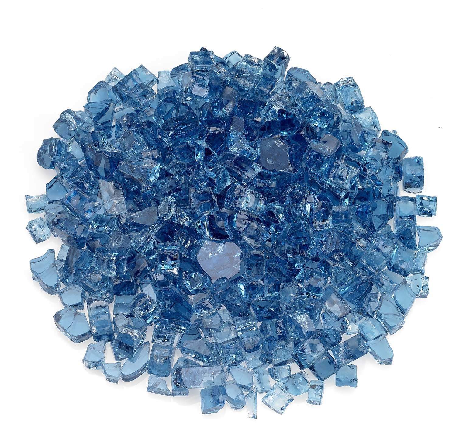 Pacific blue glass fire media, clear blue chunky shards in a loose pile